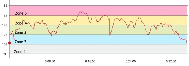 A standardní pětizónový model intenzity klasifikovaný podle procent maximální srdeční frekvence.